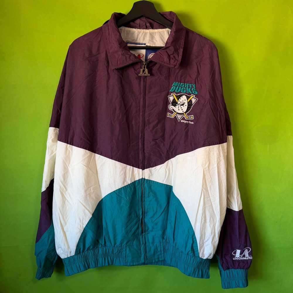 Vintage Logo Athletic NHL Anaheim Mighty Ducks Windbreaker Jacket Purple Teal L